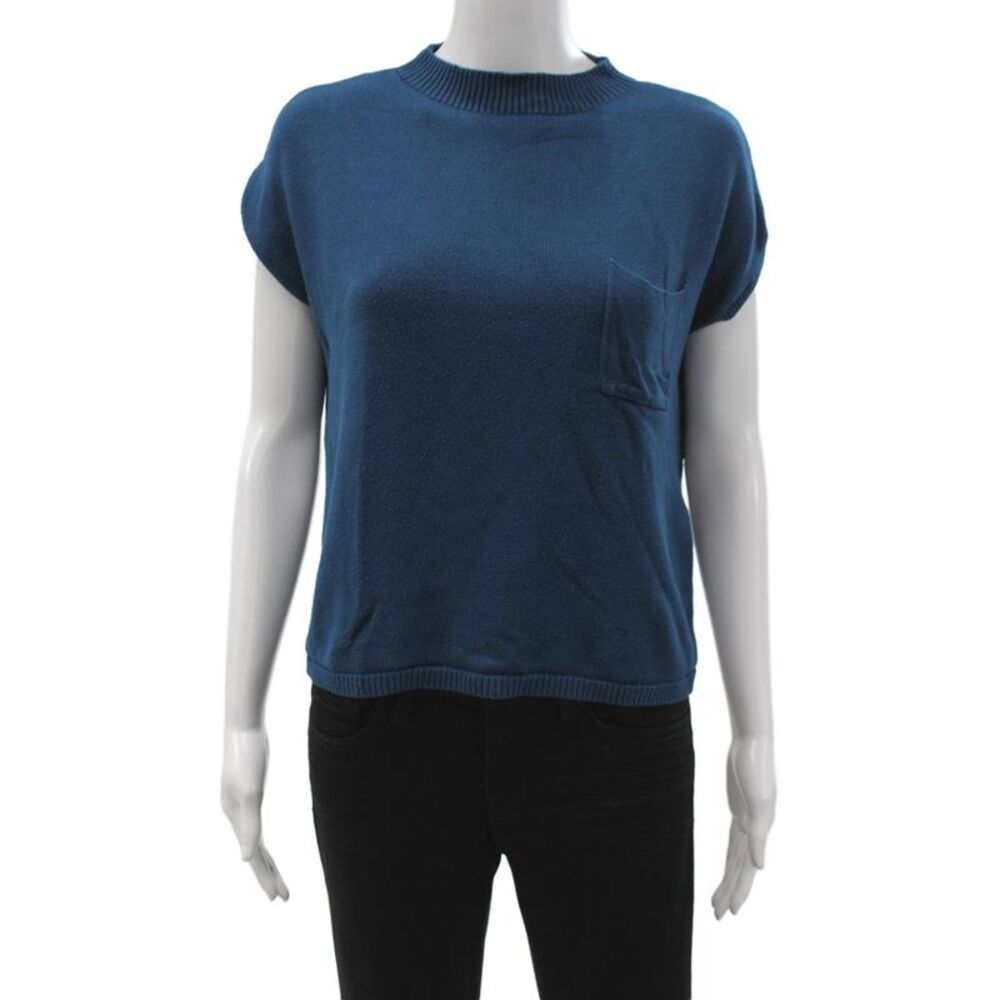 Ekouaer Womens Blue Basic Mock Neck Short Sleeve T-Shirt Rayon Size L